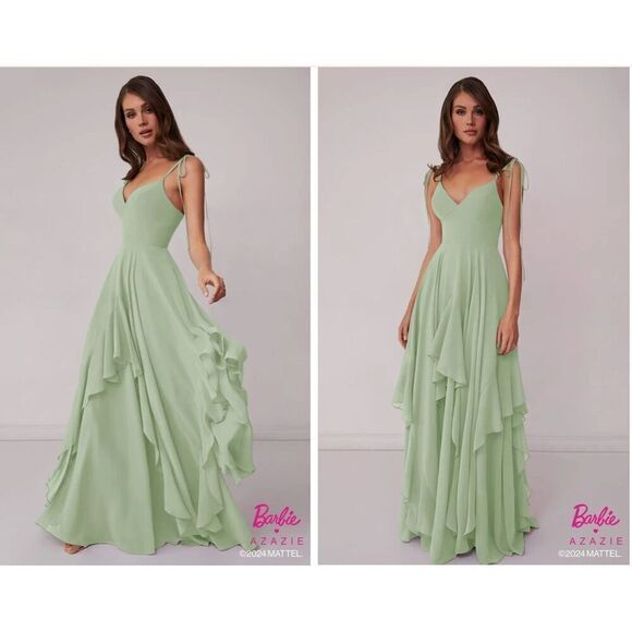 Azazie Dresses & Skirts - Azazie Barbie NWT  Briadsmaid A8 v neck chiffon tiered a line dress dusty sage A